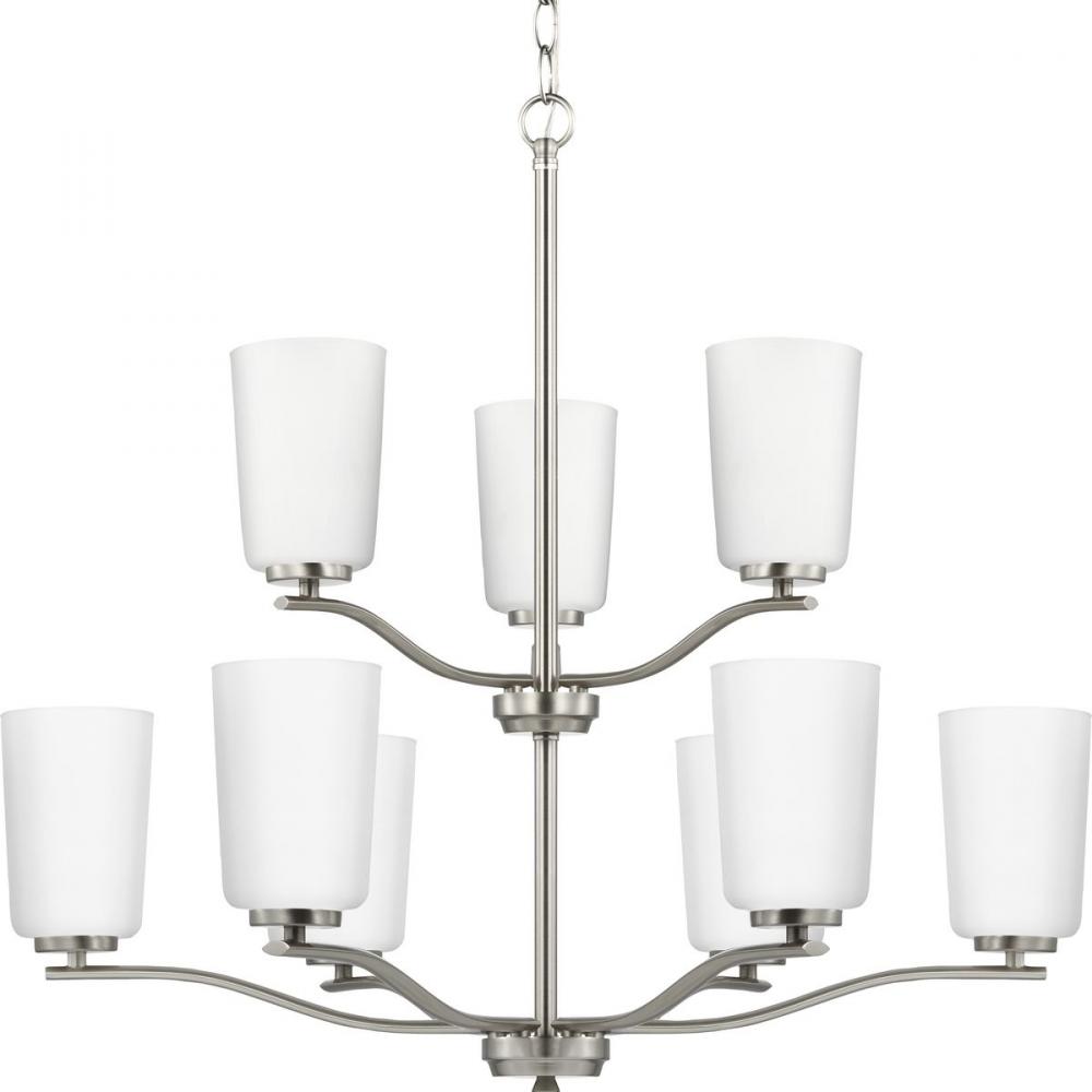 Adley Collection Nine-Light Brushed Nickel Etched White Opal Glass New Traditional Chandelier