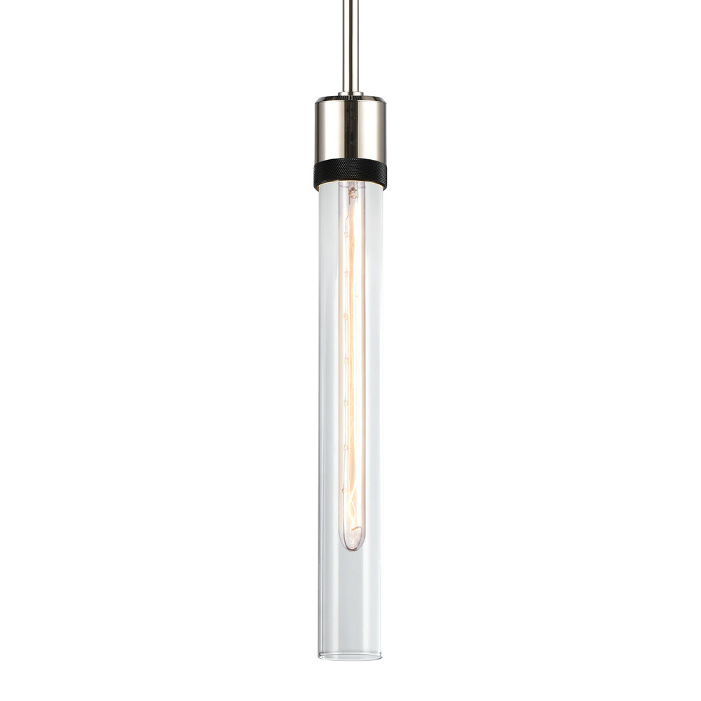 Zigrina 18" Clear Glass E26 Pendant in Nickel with Knurled Ring in Black